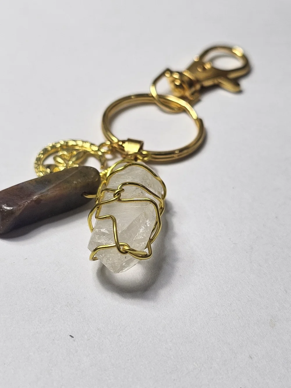 Gold-Tone Crystal Charm Keychain with Moon Pendant - Clear & Brown Crystals